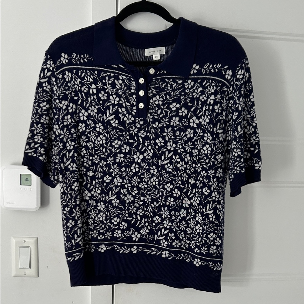 Gemma+Jane Navy and White Floral Short-Sleeve Polo Sweater Top